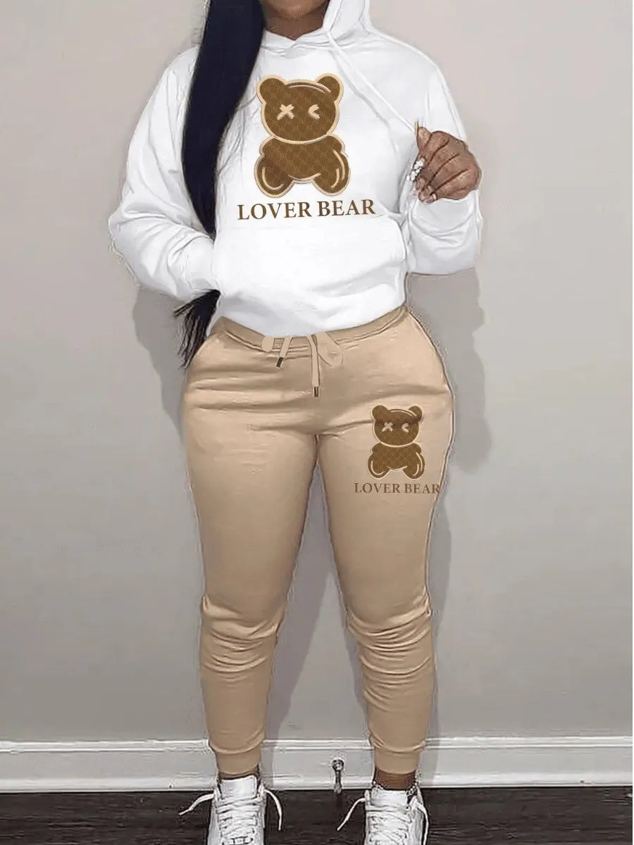 Lovely Bear Letter Print Kangaroo Pocket Jogger Set with Long Sleeve Hoodie & Drawstring