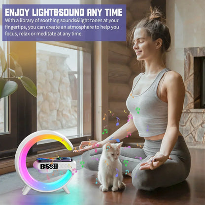 4-in-1 Wireless Charger Stand with Speaker & RGB Night Light – Fast Charging for iPhone or Samsung