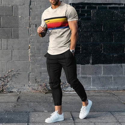 Casual Fashion Stripe Men's Sportswear Set Oversized Pullover T-shirt and Pants Short-Sleeved