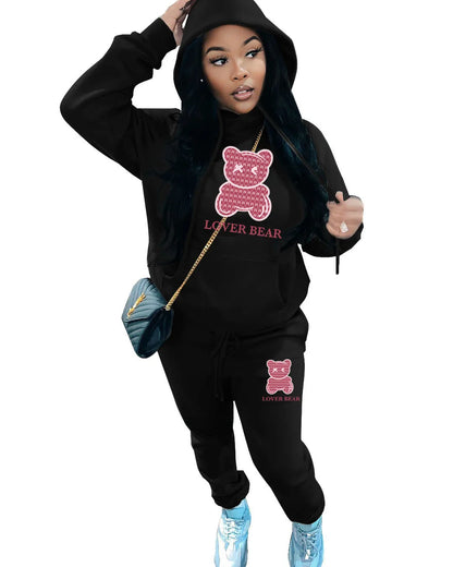 Lovely Bear Letter Print Kangaroo Pocket Jogger Set with Long Sleeve Hoodie & Drawstring
