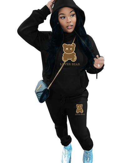 Lovely Bear Letter Print Kangaroo Pocket Jogger Set with Long Sleeve Hoodie & Drawstring