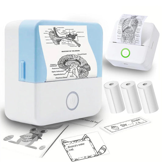 Mini Bluetooth thermal printer printing black and white photos and labels with thermal paper rolls and compact design