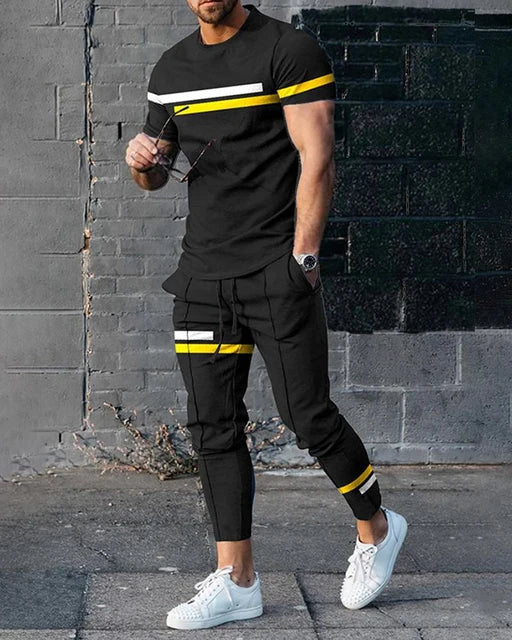 Casual Fashion Stripe Men's Sportswear Set Oversized Pullover T-shirt and Pants Short-Sleeved