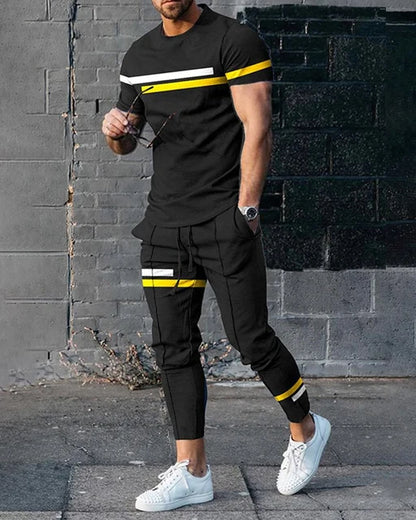 Casual Fashion Stripe Men's Sportswear Set Oversized Pullover T-shirt and Pants Short-Sleeved