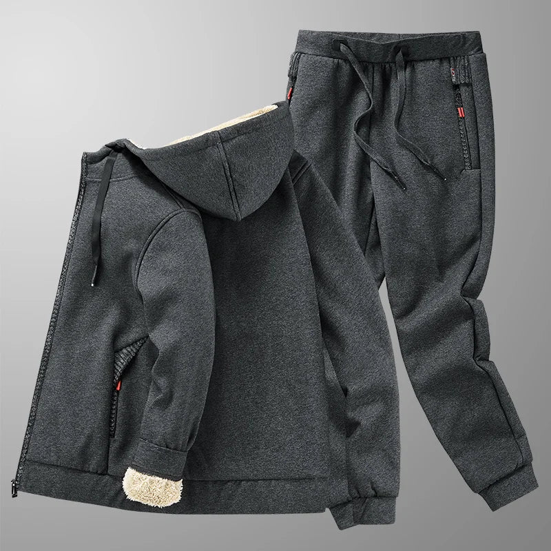 Cashmere Tracksuit Set for Men - Fleece Jacket & Pant, Hooded