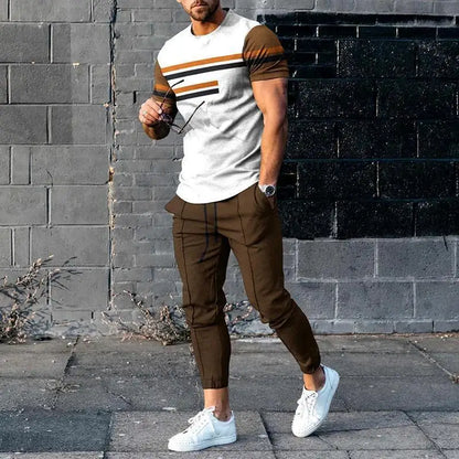 Casual Fashion Stripe Men's Sportswear Set Oversized Pullover T-shirt and Pants Short-Sleeved
