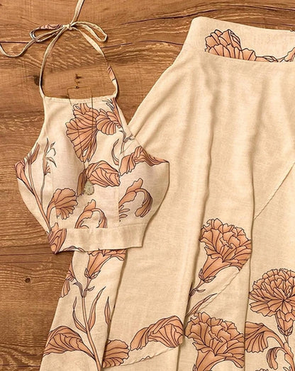 Elegant women's Summer Backless Lace-Up Top with A-Line Pleated Flower Print Skirt