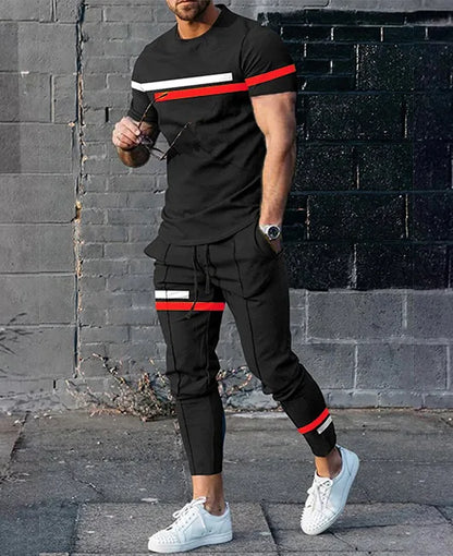 Casual Fashion Stripe Men's Sportswear Set Oversized Pullover T-shirt and Pants Short-Sleeved