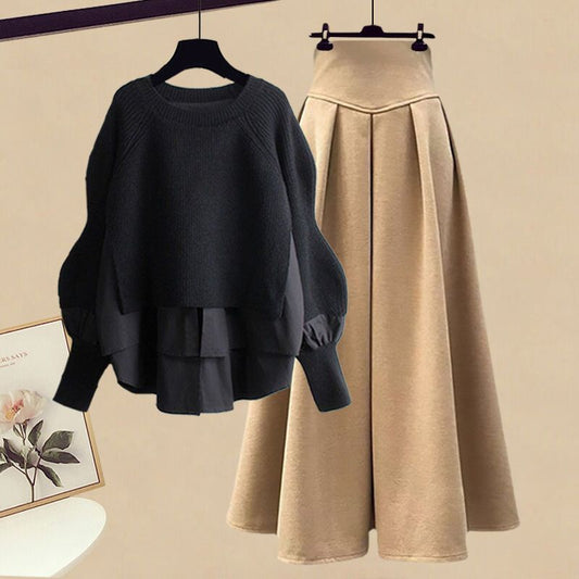 Elegant Knit Sweater with A-Line Skirt Set