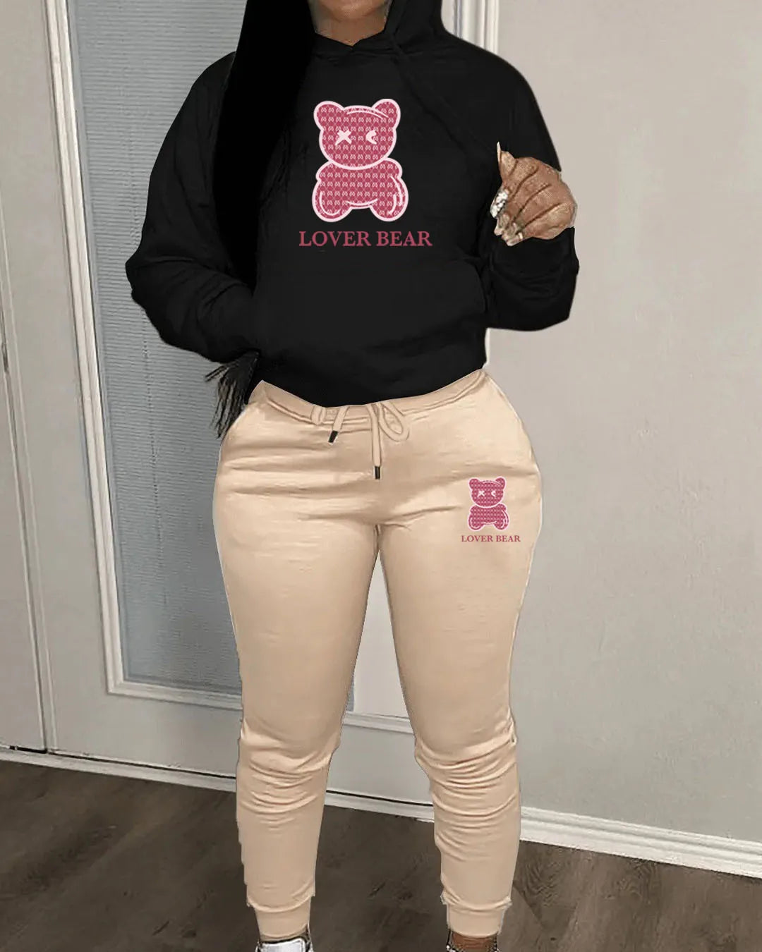 Lovely Bear Letter Print Kangaroo Pocket Jogger Set with Long Sleeve Hoodie & Drawstring
