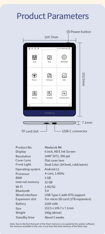 2023 NEW  Onyx MEEBOOK  E-book Reader 6-inch Android 11 Operating System With 3GB RAM and Dual Color Headlights