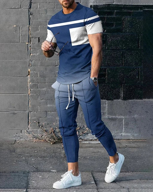 Casual Fashion Stripe Men's Sportswear Set Oversized Pullover T-shirt and Pants Short-Sleeved