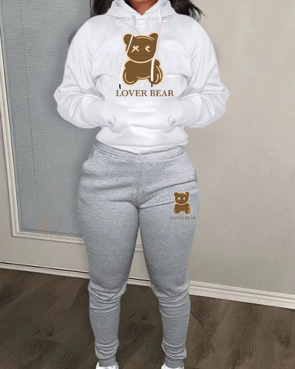 Lovely Bear Letter Print Kangaroo Pocket Jogger Set with Long Sleeve Hoodie & Drawstring