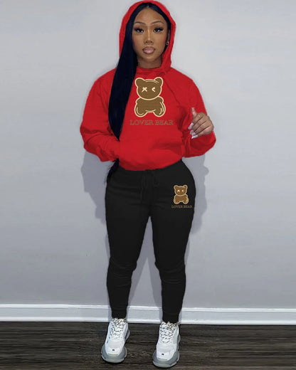 Lovely Bear Letter Print Kangaroo Pocket Jogger Set with Long Sleeve Hoodie & Drawstring