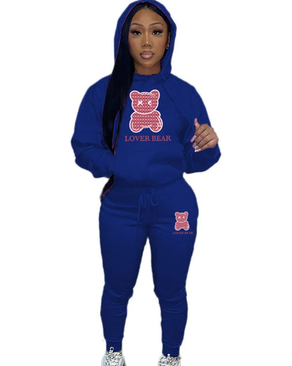 Lovely Bear Letter Print Kangaroo Pocket Jogger Set with Long Sleeve Hoodie & Drawstring