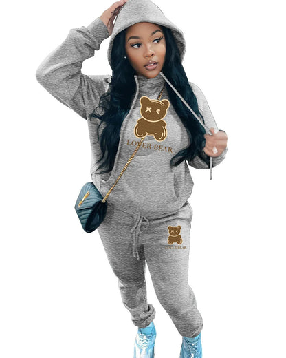 Lovely Bear Letter Print Kangaroo Pocket Jogger Set with Long Sleeve Hoodie & Drawstring