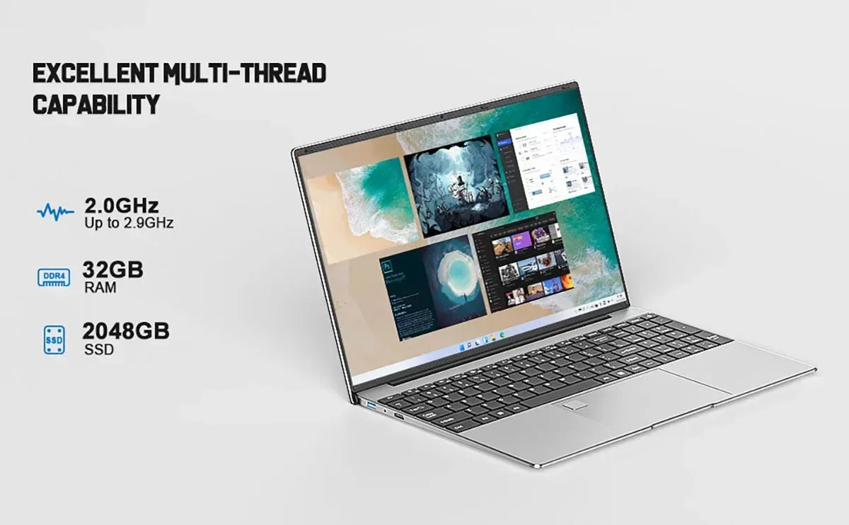 15.6" Portable Laptop, 32GB RAM, 2TB SSD, Windows 11, 4K, Backlit, Fingerprint, Intel N5095