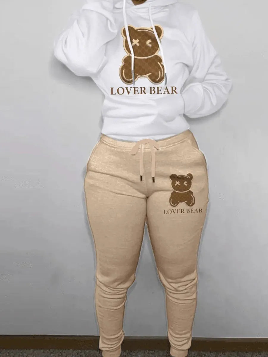 Lovely Bear Letter Print Kangaroo Pocket Jogger Set with Long Sleeve Hoodie & Drawstring