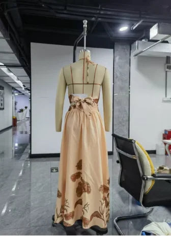 Elegant women's Summer Backless Lace-Up Top with A-Line Pleated Flower Print Skirt