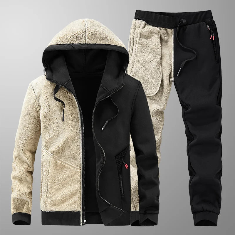 Cashmere Tracksuit Set for Men - Fleece Jacket & Pant, Hooded