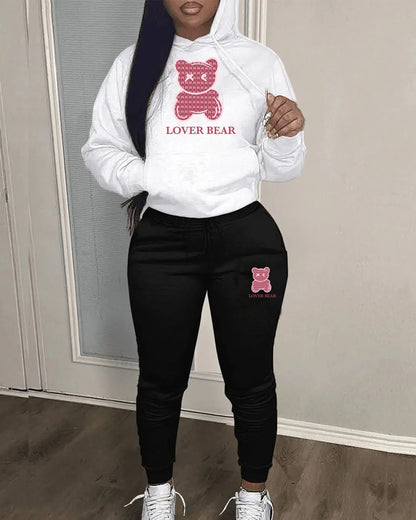 Lovely Bear Letter Print Kangaroo Pocket Jogger Set with Long Sleeve Hoodie & Drawstring
