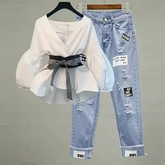 Elegant V-Neck Chiffon Blouse & Ripped Jeans Set – Stylish Office Casual Outfit