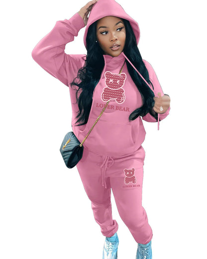 Lovely Bear Letter Print Kangaroo Pocket Jogger Set with Long Sleeve Hoodie & Drawstring