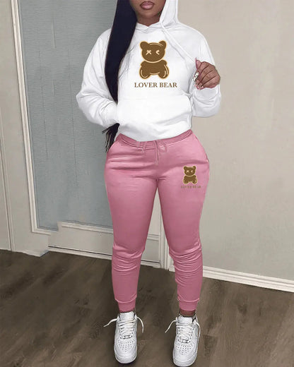 Lovely Bear Letter Print Kangaroo Pocket Jogger Set with Long Sleeve Hoodie & Drawstring