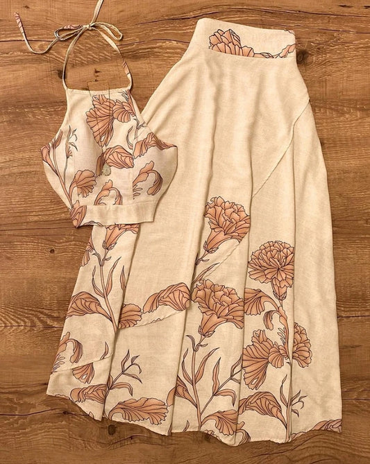 Elegant women's Summer Backless Lace-Up Top with A-Line Pleated Flower Print Skirt