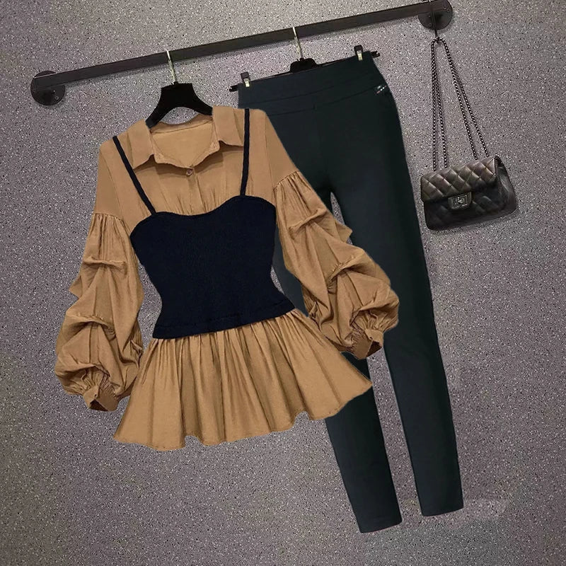Autumn Lantern Sleeve Shirt & Elastic Waist Pants Set – Trendy 2-Piece Look