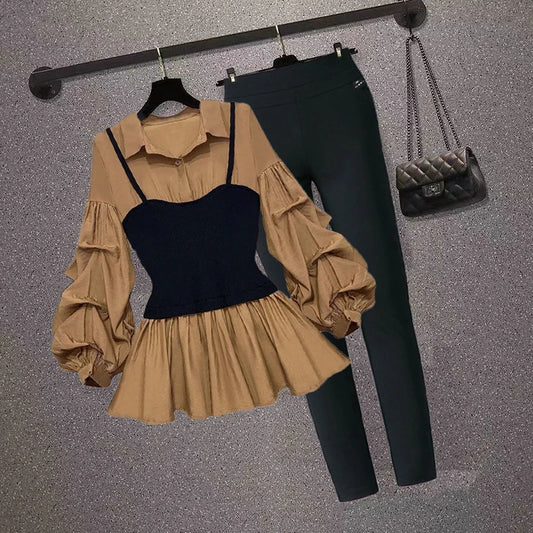 Autumn Lantern Sleeve Shirt & Elastic Waist Pants Set – Trendy 2-Piece Look
