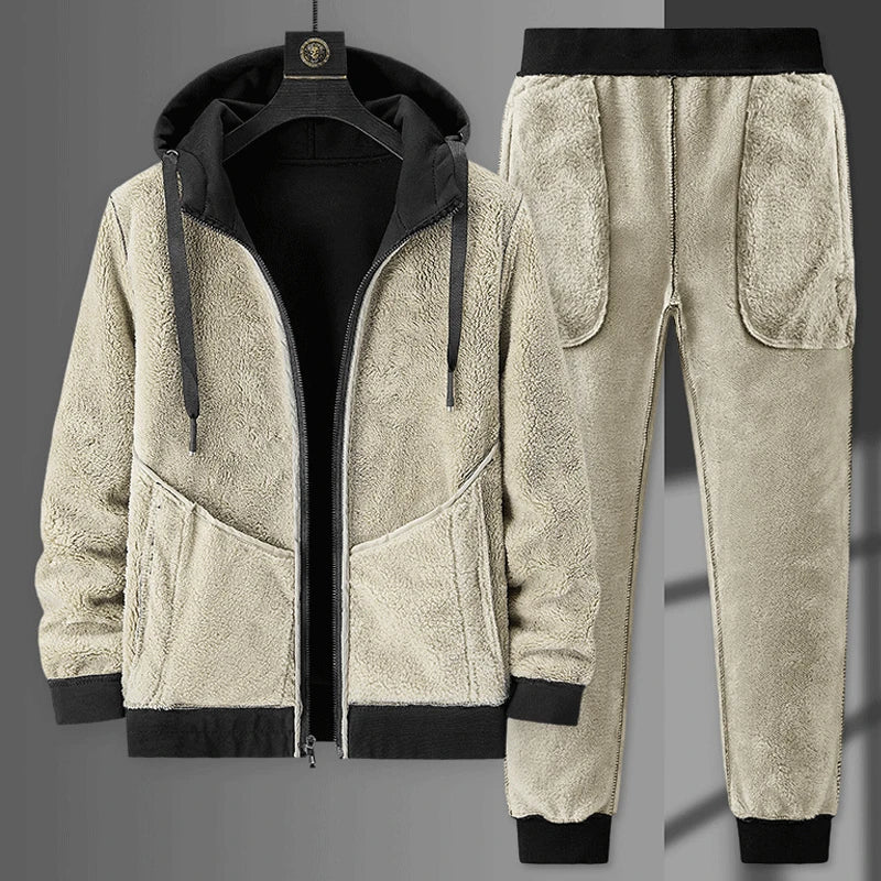 Cashmere Tracksuit Set for Men - Fleece Jacket & Pant, Hooded