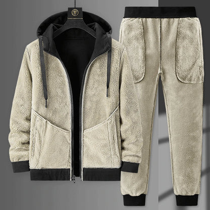 Cashmere Tracksuit Set for Men - Fleece Jacket & Pant, Hooded