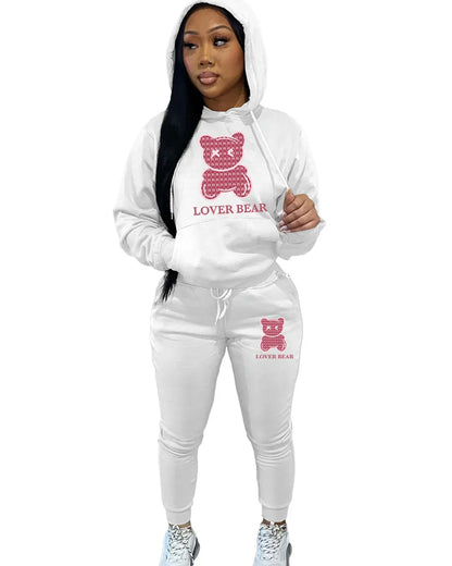 Lovely Bear Letter Print Kangaroo Pocket Jogger Set with Long Sleeve Hoodie & Drawstring