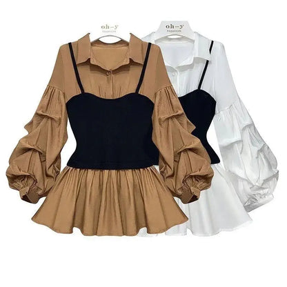 Autumn Lantern Sleeve Shirt & Elastic Waist Pants Set – Trendy 2-Piece Look