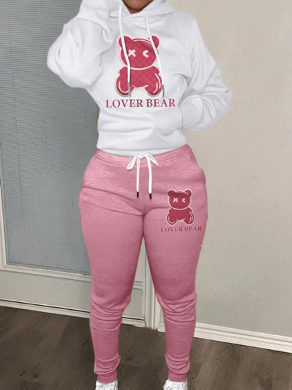 Lovely Bear Letter Print Kangaroo Pocket Jogger Set with Long Sleeve Hoodie & Drawstring