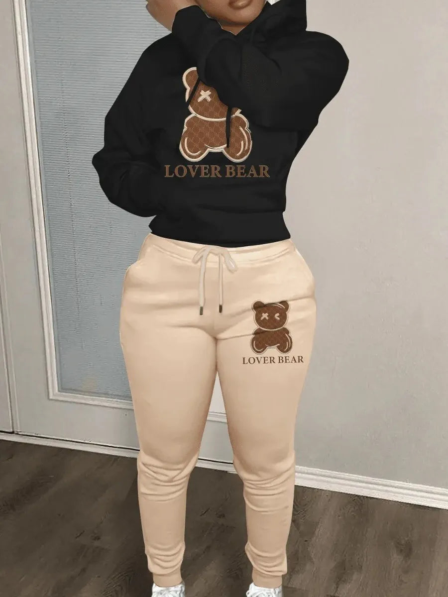 Lovely Bear Letter Print Kangaroo Pocket Jogger Set with Long Sleeve Hoodie & Drawstring