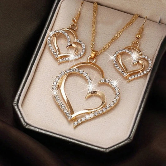 Exquisite Fashion Double Heart Jewelry Set for Women with Rhinestone Pendant & Necklace Earrings in Heart Shaped Style