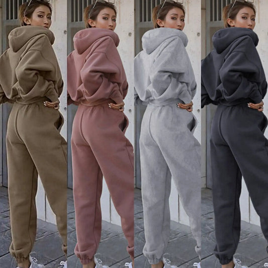 Women’s 2-Piece Hoodie & Trousers Set – Solid Color Sweatshirt Tracksuit