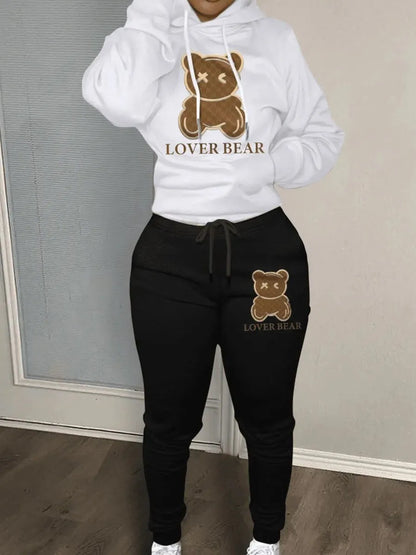 Lovely Bear Letter Print Kangaroo Pocket Jogger Set with Long Sleeve Hoodie & Drawstring