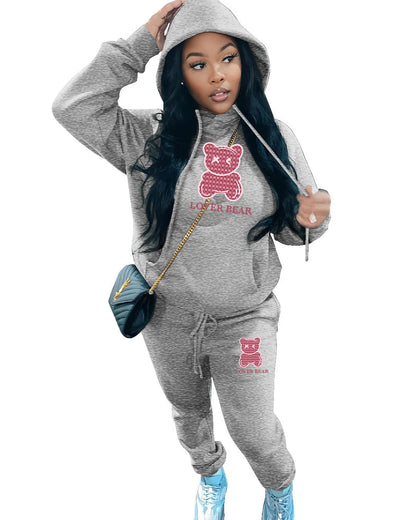 Lovely Bear Letter Print Kangaroo Pocket Jogger Set with Long Sleeve Hoodie & Drawstring