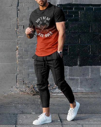 Casual Fashion Stripe Men's Sportswear Set Oversized Pullover T-shirt and Pants Short-Sleeved