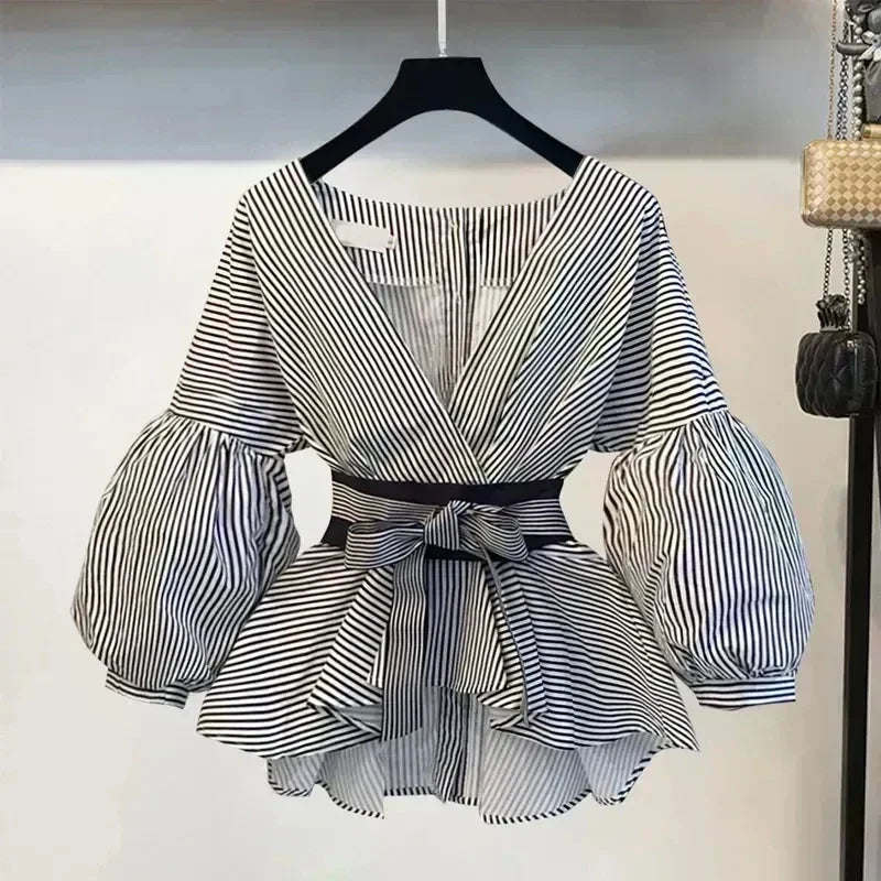 Elegant V-Neck Chiffon Blouse & Ripped Jeans Set – Stylish Office Casual Outfit