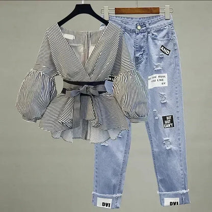 Elegant V-Neck Chiffon Blouse & Ripped Jeans Set – Stylish Office Casual Outfit