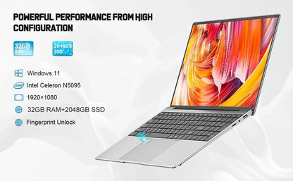 15.6" Portable Laptop, 32GB RAM, 2TB SSD, Windows 11, 4K, Backlit, Fingerprint, Intel N5095