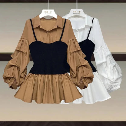 Autumn Lantern Sleeve Shirt & Elastic Waist Pants Set – Trendy 2-Piece Look
