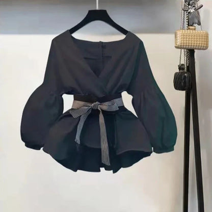 Elegant V-Neck Chiffon Blouse & Ripped Jeans Set – Stylish Office Casual Outfit