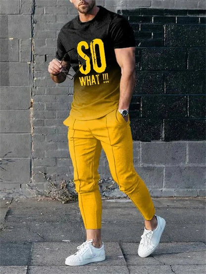 Casual Fashion Stripe Men's Sportswear Set Oversized Pullover T-shirt and Pants Short-Sleeved