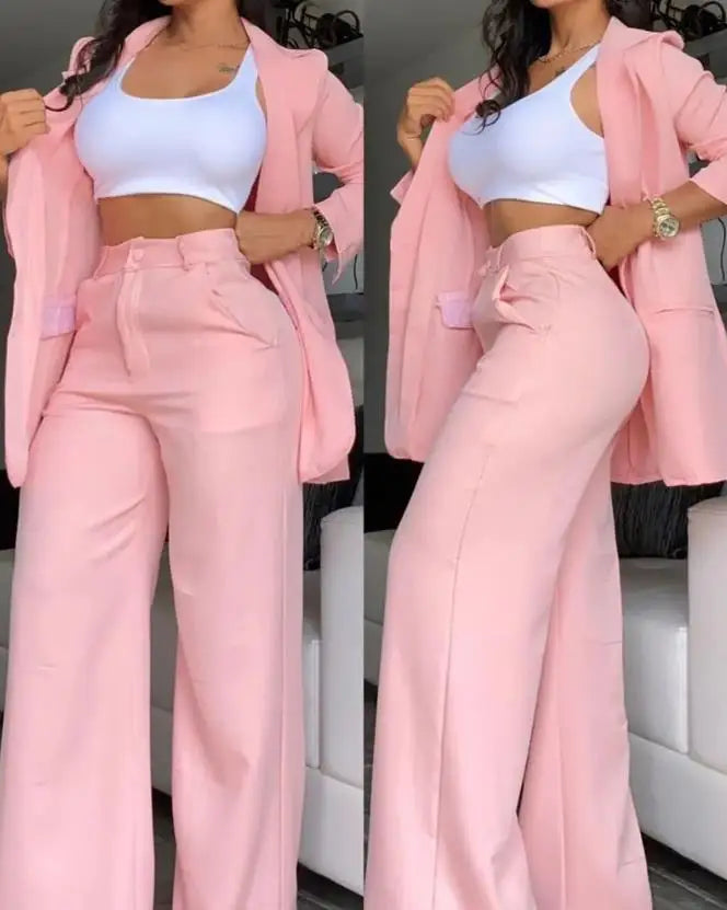 Elegant Notched Blazer & Button Pants Set