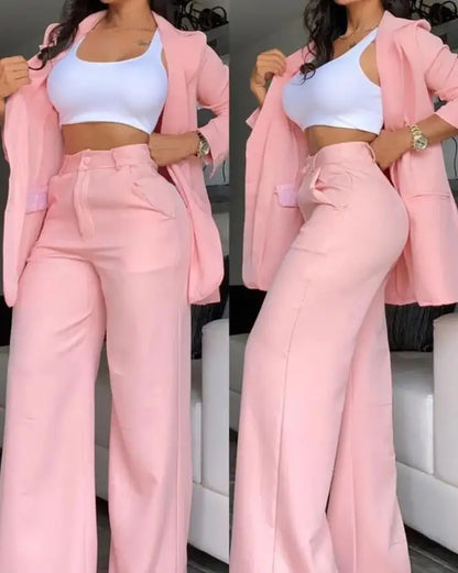 Elegant Notched Blazer & Button Pants Set